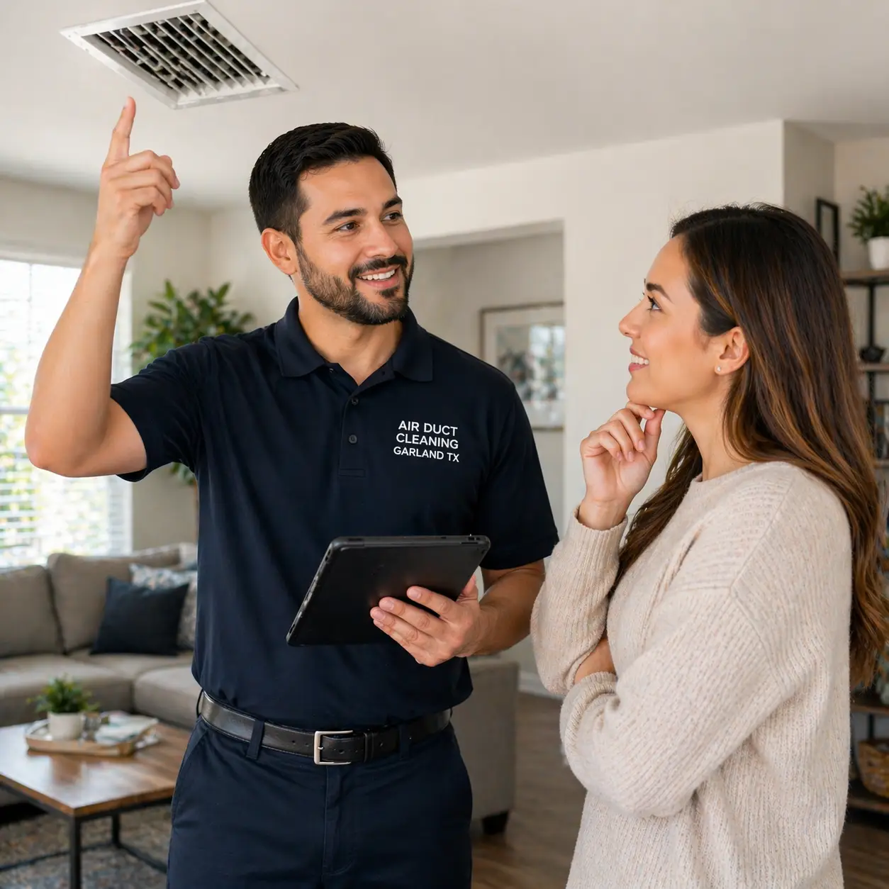 Technician explaining air duct service in Garland TX